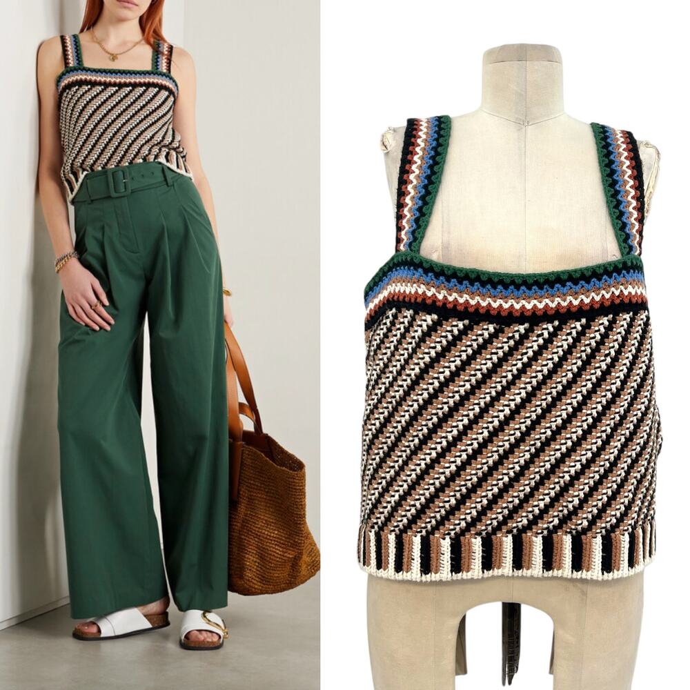 Veronica Beard Livina Striped Cotton Tank Top Crochet Knit Multicolor Size XL